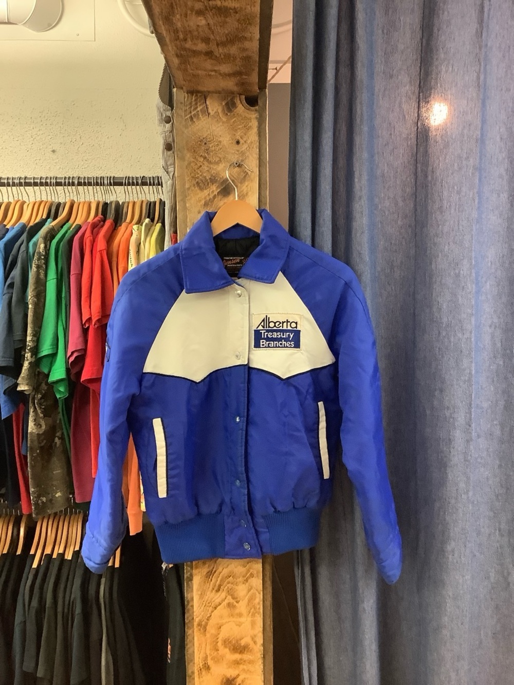 Vintage Alberta treasury branches blue and white bomber jacket